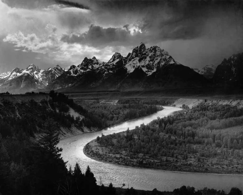Die Tetons und der Snake River, Ansel Adams, 1942, Quelle: National Archives and Records Administration, gemeinfrei, NAID: 519904